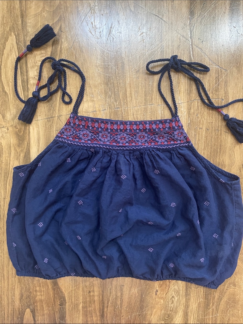 Free People Navy Embroidered Tie-Strap Tank Top